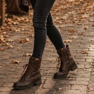 Rock & Candy Brown Combat Boots Womens Size 7 Lace Up Moto Booties Grunge Y2K